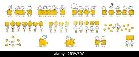 Stick figures. Signs, Business, Success. Man with puzzle pieces. Business concept. Vector. Stock Vector