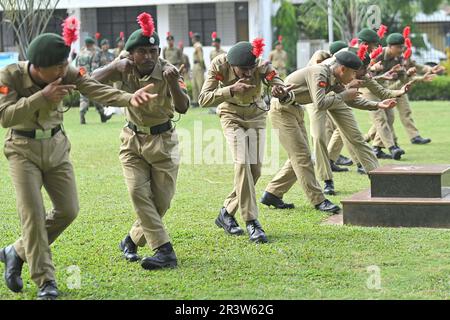NCC cadets perform at a parade during the combined annual training camp in Netaji Subhash Regional Coaching Centre at Agartala. India. Stock Photo