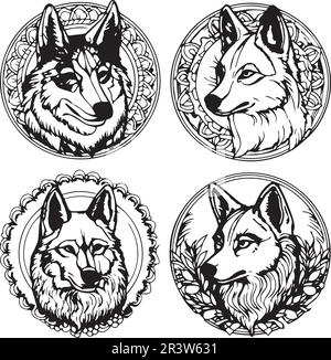 A set of four wolf heads coloring page vector. Stock Vector
