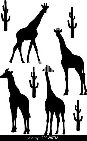 Collection silhouettes of giraffe. Tropical African animals. Vector illustration. Isolated hand drawings on white background for design Stock Vector