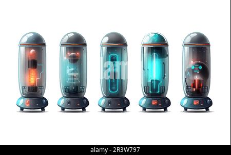 ui set vector illustration of cryochamber capsule with anabiosis liquid isolate on white background Stock Vector