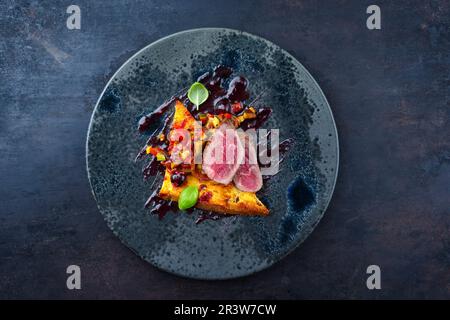 Traditional roasted Italian panettone tagliata di manzo with sliced beef steak and vegetable served as top view on a Nordic desi Stock Photo