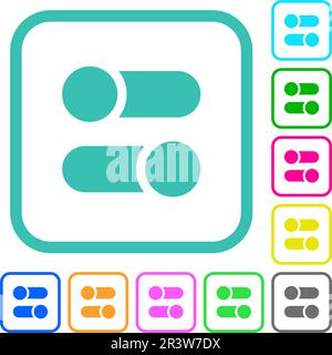 Horizontal toggle switches solid vivid colored flat icons in curved borders on white background Stock Vector