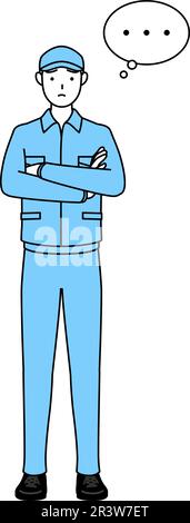 Man in hat and work clothes with crossed arms, deep in thought, Vector Illustration Stock Vector