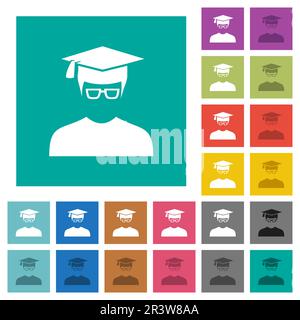 Graduate male avatar multi colored flat icons on plain square backgrounds. Included white and darker icon variations for hover or active effects. Stock Vector