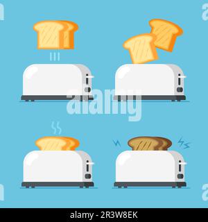 Set of toaster ovens. Toasts popping out of toaster, burnt black toast. Kitchenware icon. Bread. Vector illustration in trendy flat style isolated. Stock Vector