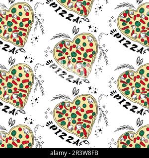 Seamless pizza pattern. Hand drawn pizza illustrations. Vector illustration. Stock Vector