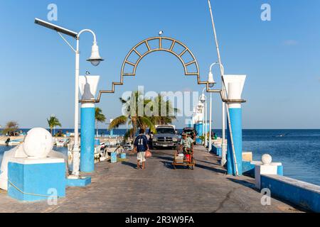 Modern archway at entrance to fishing port harbour, Campeche city, Campeche State, Mexico Stock Photo