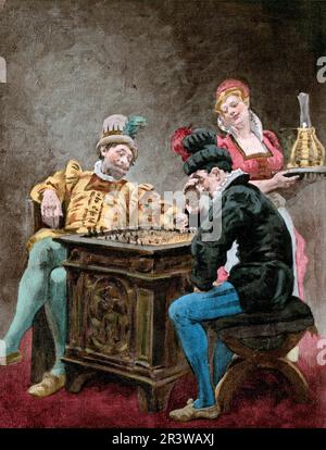 Vintage colour lithograph showing a scene from the works of Rabelais. The games of Gargantua, playing chess. Gargantua and Pantagruel. By Jules Garnie Stock Photo