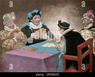 Vintage colour lithograph showing a scene from the works of Rabelais. The games of Gargantua, playing cards. Gargantua and Pantagruel. By Jules Garnie Stock Photo