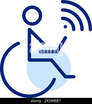 Person in wheelchair working at laptop. Inclusive workplace suitable for people with disabilities. Pixel perfect icon Stock Vector