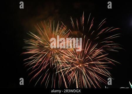 Beautiful fireworks lighting up night sky outdoors Stock Photo