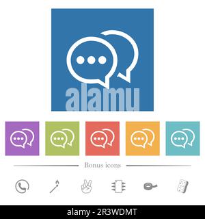 Two oval active chat bubbles outline flat white icons in square backgrounds. 6 bonus icons included. Stock Vector