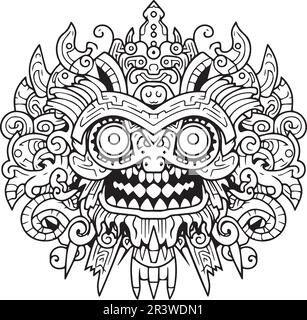 A black and white drawing of a monkey head mandala coloring page. Stock Vector