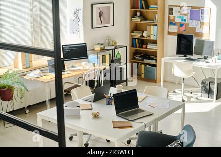 High angle view of modern IT office with workplaces of programmers Stock Photo