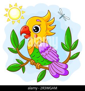 Cartoon parrot on a tree branch. Vector illustration . Stock Vector