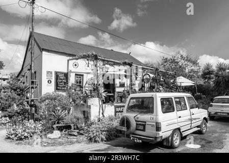 Napier, South Africa - Sep 23, 2022: A street scene, with the Napier Farm Stall, in Napier in the Western Cape Province. Monochrome Stock Photo