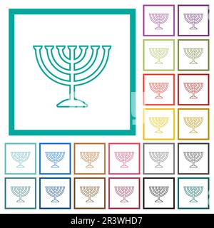 Menorah outline flat color icons with quadrant frames on white background Stock Vector