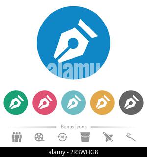 Nib solid flat white icons on round color backgrounds. 6 bonus icons included. Stock Vector