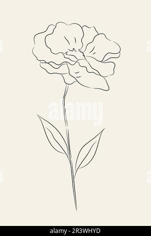 Hand drawn flower. Black line hand drawn floral element on beige backround. Line contour floral drawing. Vector illustration Stock Vector