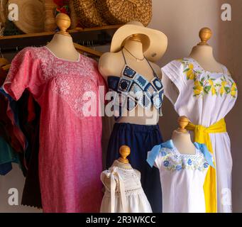 Traditional Yucatan textiles women's clothes huipils in Casa Wilma shop, Campeche city, Campeche State, Mexico Stock Photo
