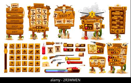 Wild west game app interface, western gui asset and wooden buttons. Vector set of web menu elements. Signpost, loading bar, navigation arrows and icons. Level, restart, rank and option windows, guns Stock Vector