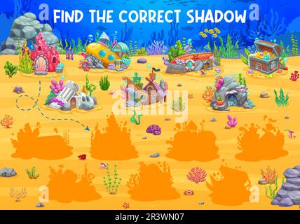 Find the correct shadow of cartoon fairytale underwater house buildings. Shadow match kids game or quiz vector worksheet with submarine, sunken ship, treasure chest and castle, cave fantasy dwellings Stock Vector