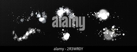 Realistic set blurred silver white lights sparkling on black background. Vector illustration of abstract festive garland, magic shimmering dust, fantasy fireflies at night. Banner design elements Stock Vector