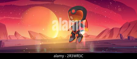 Astronaut character landing on alien planet surface. Vector cartoon illustration of child in spacesuit and helmet arriving to explore rocky landscape with stones and neon cracks, many stars on sky Stock Vector