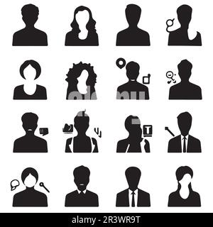 A black silhouette of people with different icons vector. Stock Vector