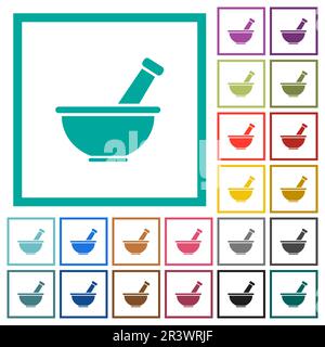 Mortar and pestle solid flat color icons with quadrant frames on white background Stock Vector