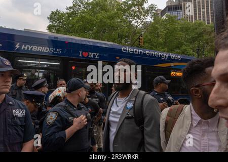 New York, New York, USA. 24th May, 2023. (NEW) Two Arrested At A Rally and March to Protest Mayor Adam's Budget Cuts. May 24, 2023, New York, New York, USA: Public Advocate Jumaane Williams walks by as activists get arrested at a rally and a march to protest Mayor Eric Adam's budget cuts at City Hall on May 24, 2023 in New York City. Protestor representing multiple groups and organizations gather at Foley Square Park for a Rally and March to City Hall Park to protest Mayor Eric Adam's budget cuts. Two protesters were arrested by New York City police department (NYPD) office Stock Photo