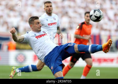 (230525) -- RIJEKA, May 25, 2023 (Xinhua) -- Dario Melnjak of Hajduk controls the ball during the Croatian Football Cup final match between Hajduk and Sibenik in Rijeka, Croatia, on May 24, 2023. (Luka Stanzl/PIXSELL via Xinhua) Stock Photo