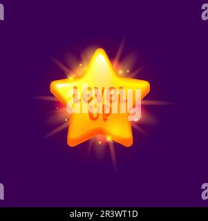 Game level up reward star, rate icon, award badge or prize trophy, vector UI asset. Level up icon of cartoon gold shine star for arcade game next level or mission completed bonus badge Stock Vector
