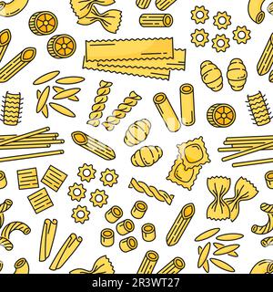 Pasta type outline seamless pattern. Wrapping paper print, textile vector seamless background or vector pattern with stelle, ravioli, ditalini and cannelloni, spaghetti, gavatappi Italian pasta Stock Vector