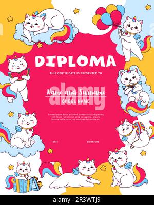 Kids diploma. Cartoon cute caticorn characters. Child appreciation vector award or diploma with cheerful playing with thread ball caticorn, sleeping on cloud, eating watermelon unicorn cat personage Stock Vector