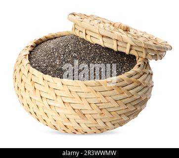 Wicker box with chia seeds on white background Stock Photo