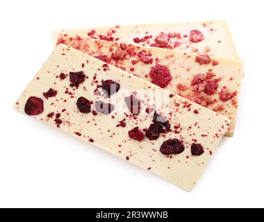 Chocolate bars with freeze dried berries on white background Stock ...