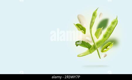 Flat pods of raw helda romano string beans and green leaves float in the air over blue background. Summer diet, Healthy nutrition concept. Flying food Stock Photo