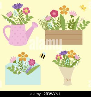 Bouquet of different flowers in a watering can, envelope, bouquet and seedling box.  Cute floral illustration for postcards isolated on white backgrou Stock Vector