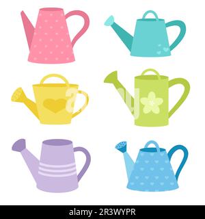 Different bright garden watering cans. Stock Vector