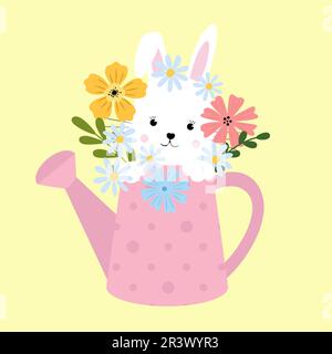Cute white rabbit in a garden watering can with flowers. Easter print Stock Vector