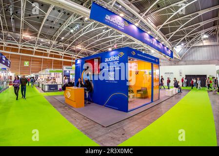 Turin, Italy - May 22, 2023: Audible Amazon booth in pavilion at the 35th Turin International Book Fair. Stock Photo