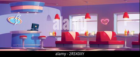 American retro diner interior with furniture. Vector cartoon illustration of traditional fast food restaurant with cashdesk, red sofas, mustard and ketchup bottles on tables, neon led decor on wall Stock Vector