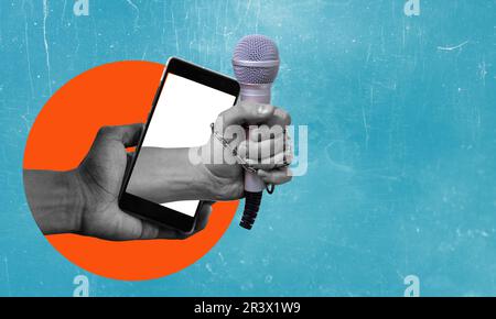 Art collage, modern art collage, the hand with a microphone from a phone, on a blue background Concept of an interview or news with room for advertisi Stock Photo
