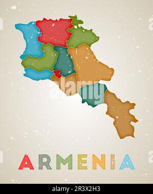 Armenia map. Country poster with colored regions. Old grunge texture. Vector illustration of Armenia with country name. Stock Vector