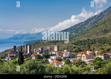 Tower houses in village of Flomochori, Laconian Gulf, Taygetos Mountains, Laconian Mani, Mani region, Peloponnese region, Greece Stock Photo
