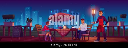 Couple dining in restaurant on romantic date. Vector cartoon illustration of young man and woman sitting at table on patio, waiter carrying sushi, city buildings on background, many stars on night sky Stock Vector