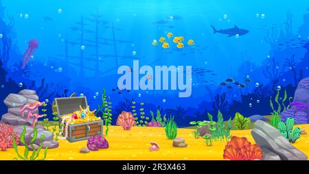 Game level, underwater landscape with pirates treasure chest, sunken ship, sea animals silhouettes and tropical seaweeds. Cartoon vector ocean world background with shipwreck boat and loot trunk Stock Vector