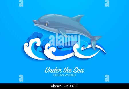 Cartoon dolphin with paper cut sea waves, ocean underwater world, vector papercut background. Undersea adventure and dolphin show banner or poster with water waves in paper cut layers Stock Vector